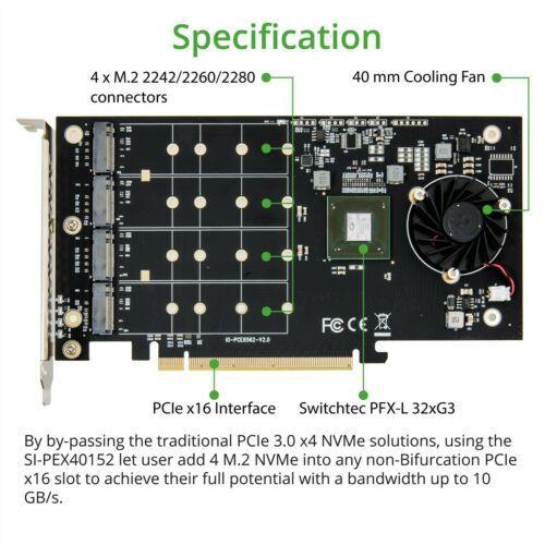 Controladora Quad M.2 M-key NVMe Slot PCIe 3.0 x16 Bifurcation Riser Controller Card Non-RAID - MFerraz Tecnologia