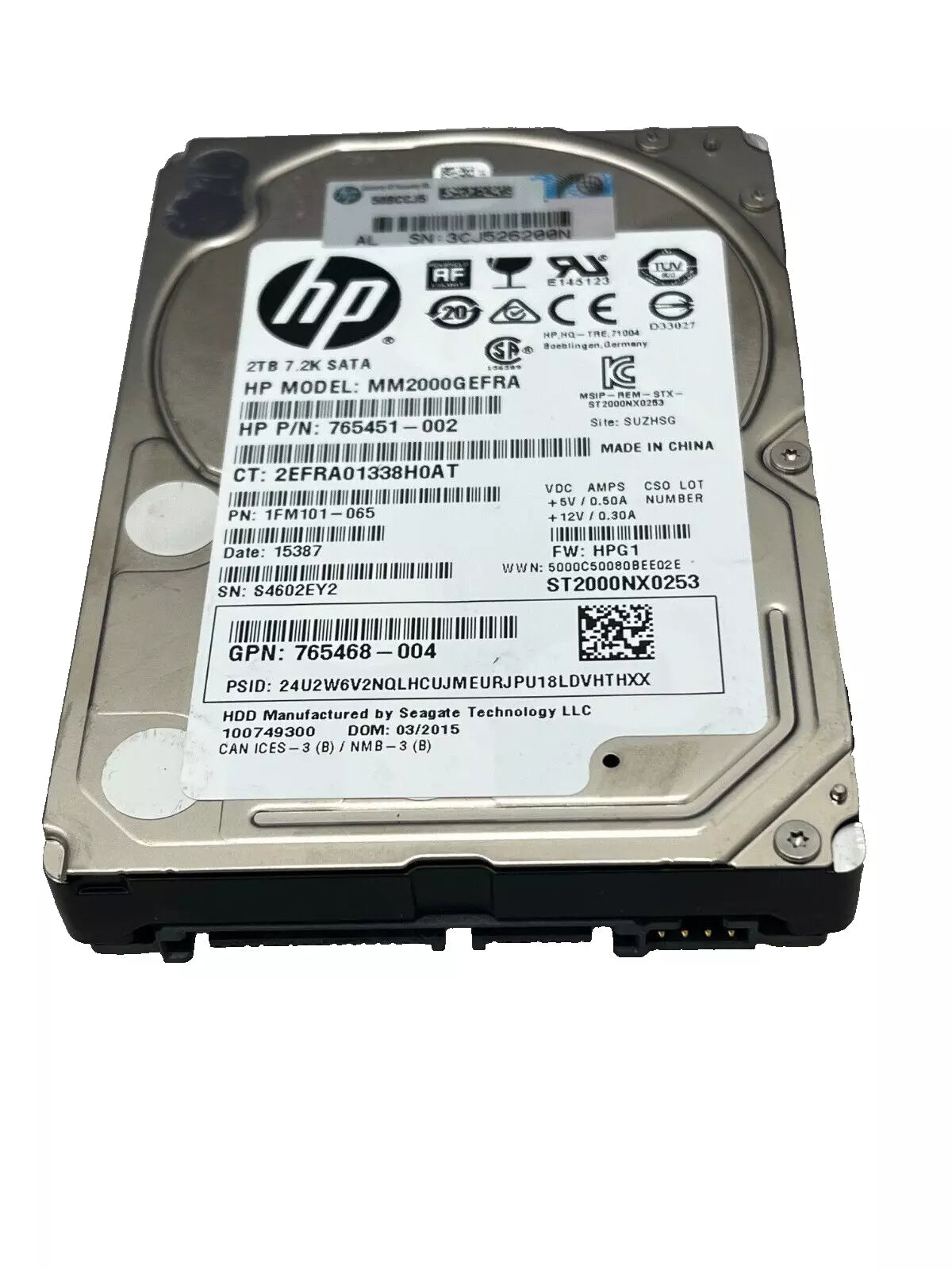 HP 2TB SATA HDD 2.5" 6G, 7.2K DRIVE 765468-004 MM2000GEFRA 765451-002