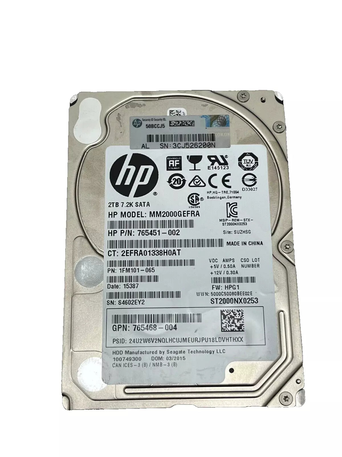 HP 2TB SATA HDD 2.5" 6G, 7.2K DRIVE 765468-004 MM2000GEFRA 765451-002