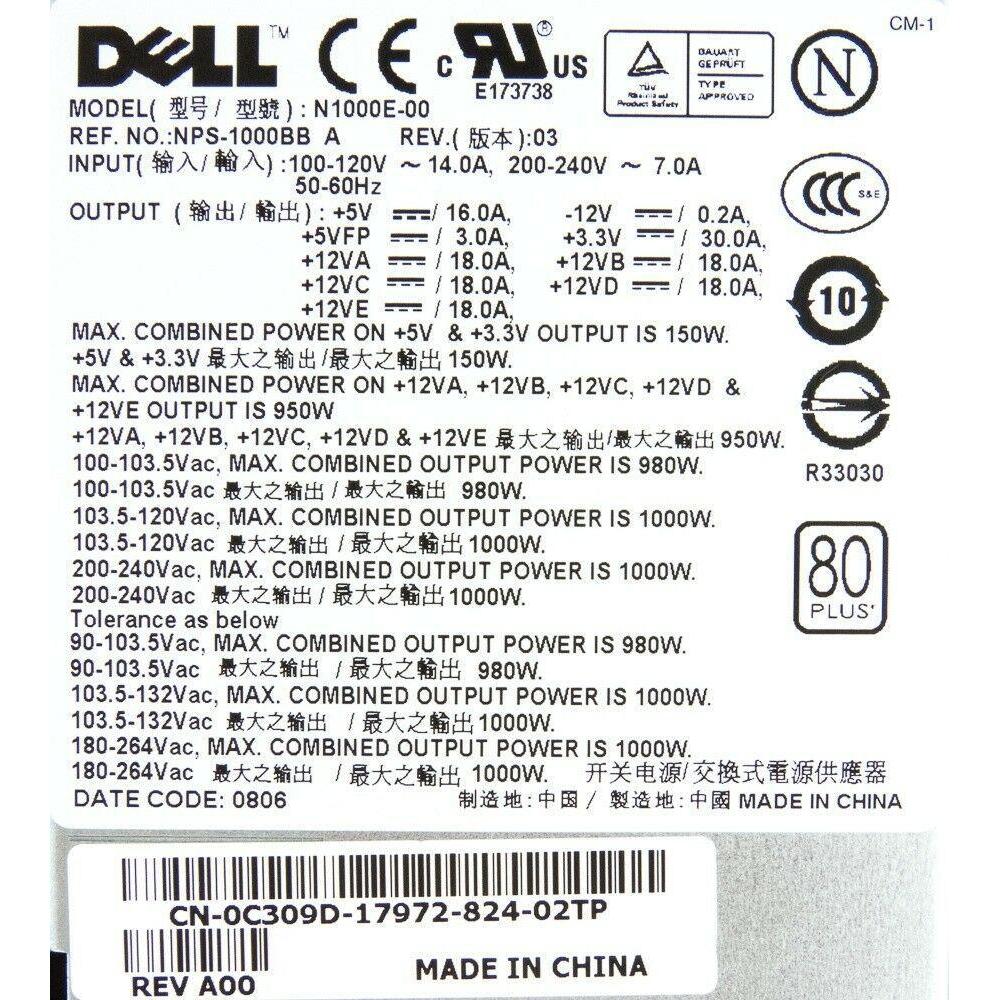 DELL NPS-1000BB A POWER SUPPLY 1000WATT 0C309D-FoxTI