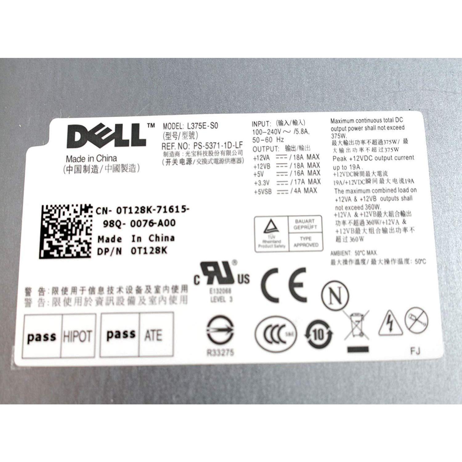 Dell T122K Power Supply Power Brick Power Source PSU Non-Redundant 375w For The PowerEdge T310 Server, Compatible Dell Part Number: T128K, Model Numbers: N375E-01, NPS-375CB-1 A-FoxTI