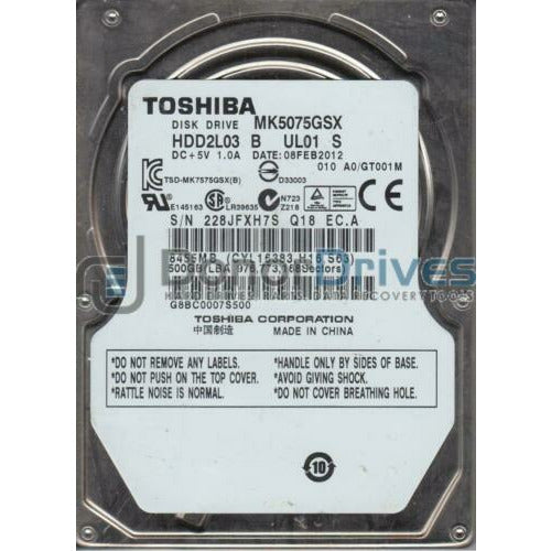 MK5075GSX, A0/GT001M, HDD2L03 B UL01 S, Toshiba 500GB SATA 2.5 Hard Drive disco - AloinfoUSA