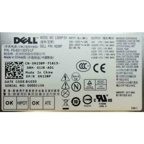 Fonte Dell 305W Alimentation Électrique Unité / L305P-01 PS-6311-5DF2-LF N238P 0N238P - MFerraz Tecnologia