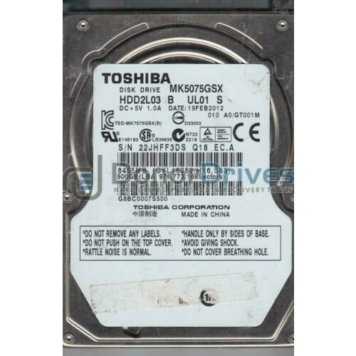 MK5075GSX, A0/GT001M, HDD2L03 B UL01 S, Toshiba 500GB SATA 2.5 Hard Drive disco - AloinfoUSA